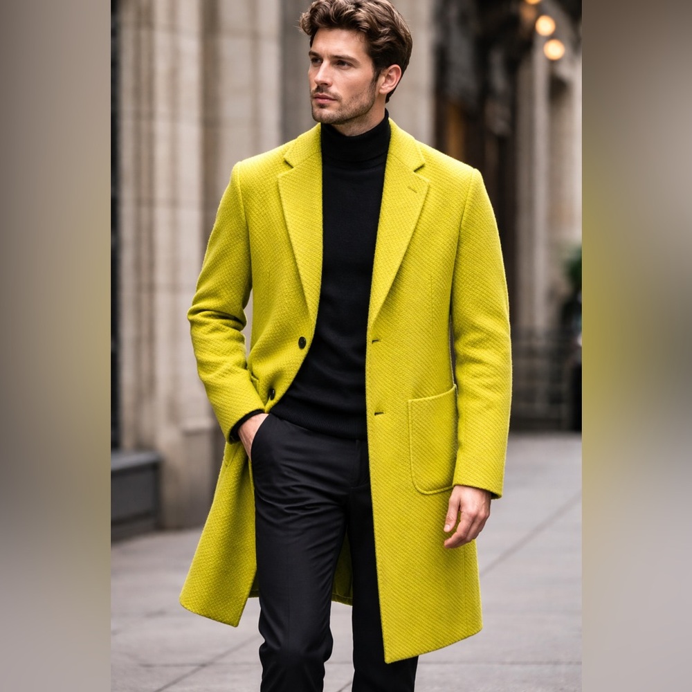 Devil’s Advocate Men’s Chartreuse Longline Coat Textured Wool Blend Medium
